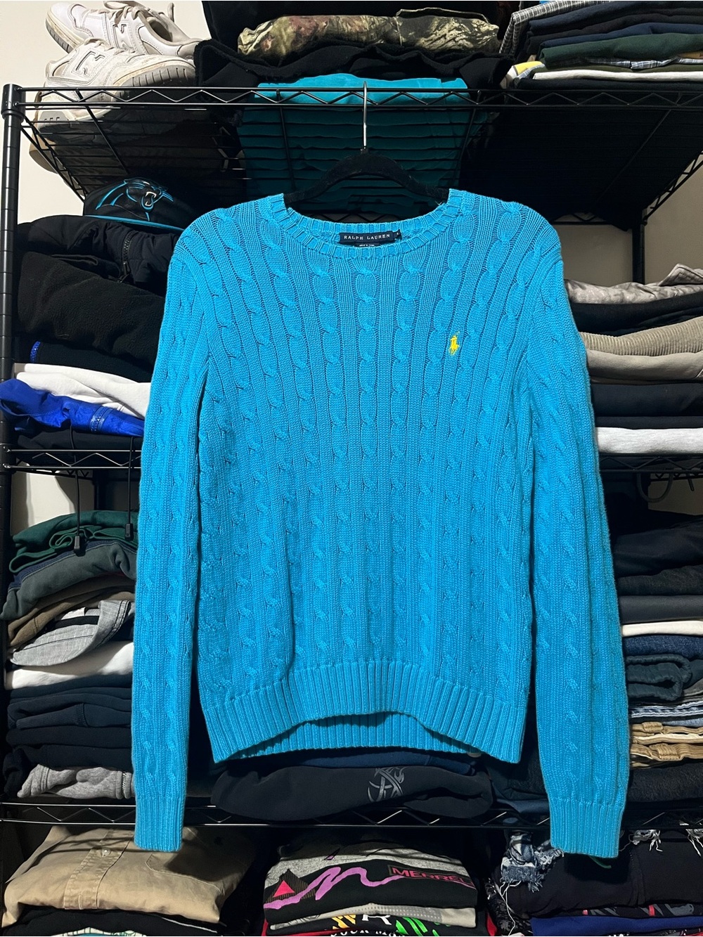 Ralph Lauren Men’s Cable Knit Crewneck Sweater in Turquoise with Yellow Pony